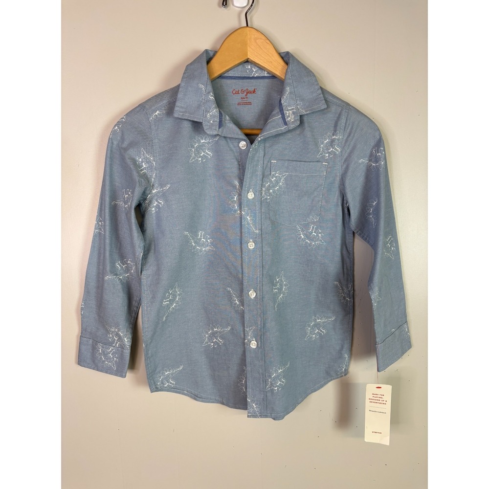 Cat & Jack Boys Small 6/7 Shirt Blue Dinosaurs Button-Front Top Cotton